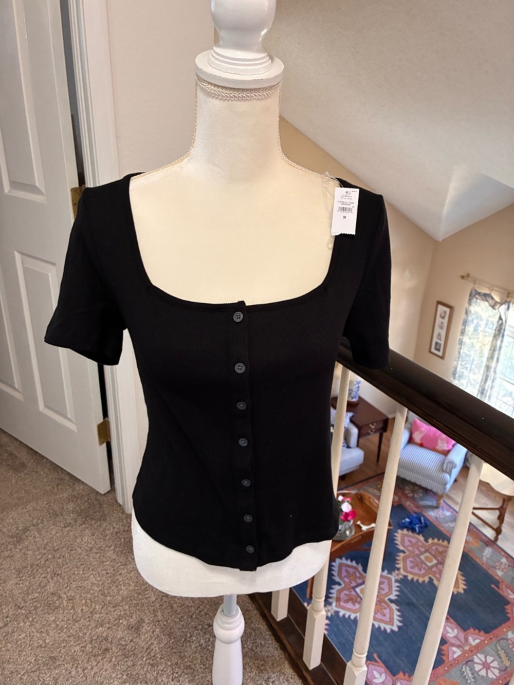 GAP Black Short Sleeve Ribbed Button-Up Square Neck Top